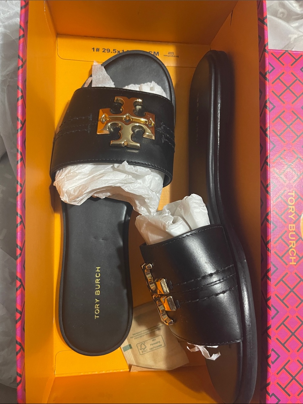 Tory Burch Black Leather Slides with Gold Logo Hardware